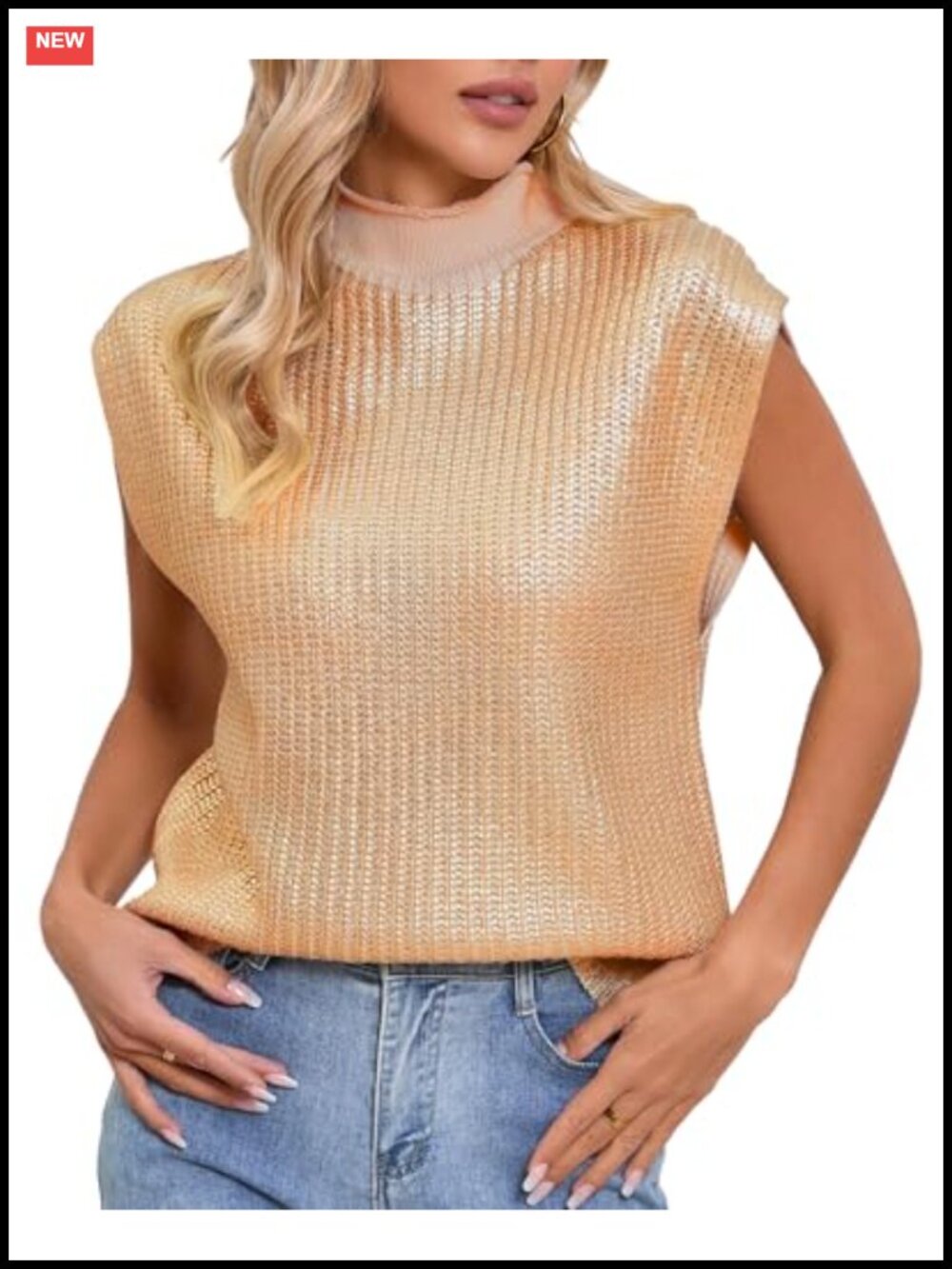 Women's Sleeveless Metallic Sweater Vest Mock Neck Knit Lightweight